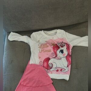 Brand New 2pcs Little Princess Print Top & Flared Pants Set, GirlUnicorn Pattern